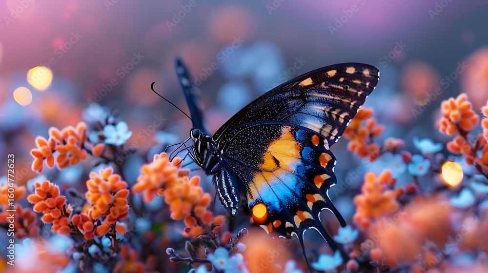 Obraz premium Vivid blue-yellow butterfly fluttering near fragrant apricot flowers with a glowing purple sky horizon, horizontal banner style with light texture and space. 