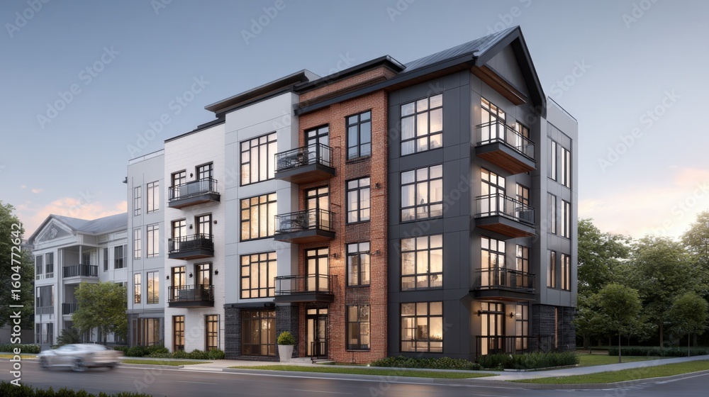 Fototapeta premium Modern multi-story residential apartment building with contemporary design black and white exterior large balconies urban neighborhood daytime