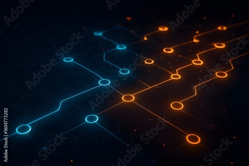 Abstract glowing digital network connections with blue and orange lights on dark background