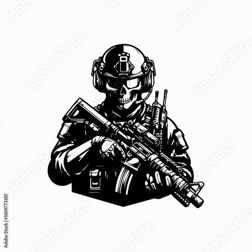 Skullfaced Soldier with Weapon Detailed Black and White Illustration.