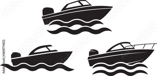 Three motorboats on wavy water silhouette