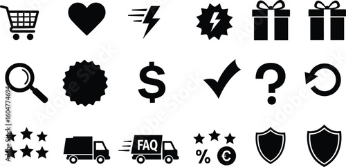E-commerce and shopping icon set, featuring a collection of essential symbols for online stores and digital retail, including a shopping cart, heart, gift boxes, and delivery trucks.