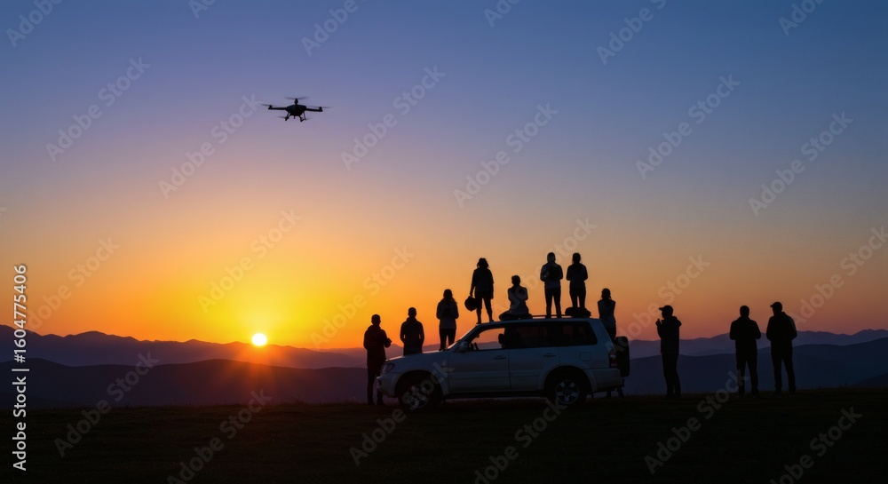 Fototapeta premium Sunset Surveillance Drone Group on SUV Rooftop in Mongolia.
