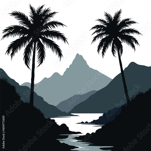 Two palm trees overlook a serene mountain landscape with a winding river mountains silhouette