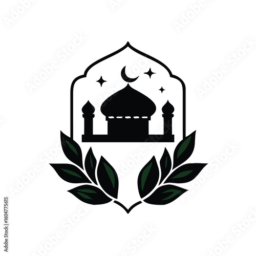 Crescent moon shines above the dark mosque framed with leaves set against white background
