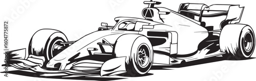 detailed vector illustration of an open wheel race car, black and white racing vehicle art
