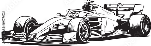 black and white open wheel race car vector art, detailed racing vehicle illustration for motorsport projects