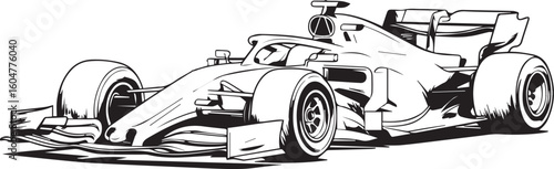 high speed open wheel race car vector illustration, detailed monochrome single-seater racing vehicle drawing