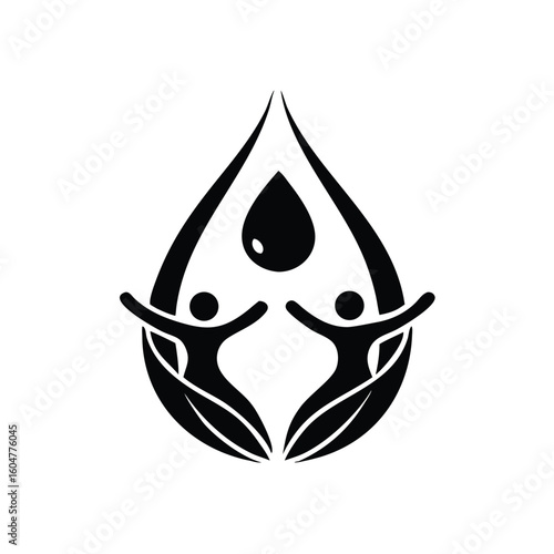Two figures unite inside a water drop in black against a transparent background
