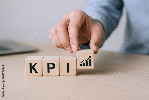 Business Hand Stacking Wooden Blocks with KPI and Growth Bar Chart Puzzle Representing Performance Metrics and Success in Work