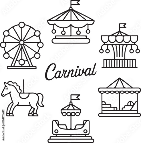 Festival Fairground Outline Icons – Classic Ride Symbols and Parade Elements in Line Art