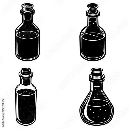 Illustration showing four different style potion bottles filled with a dark liquid and corked tightly