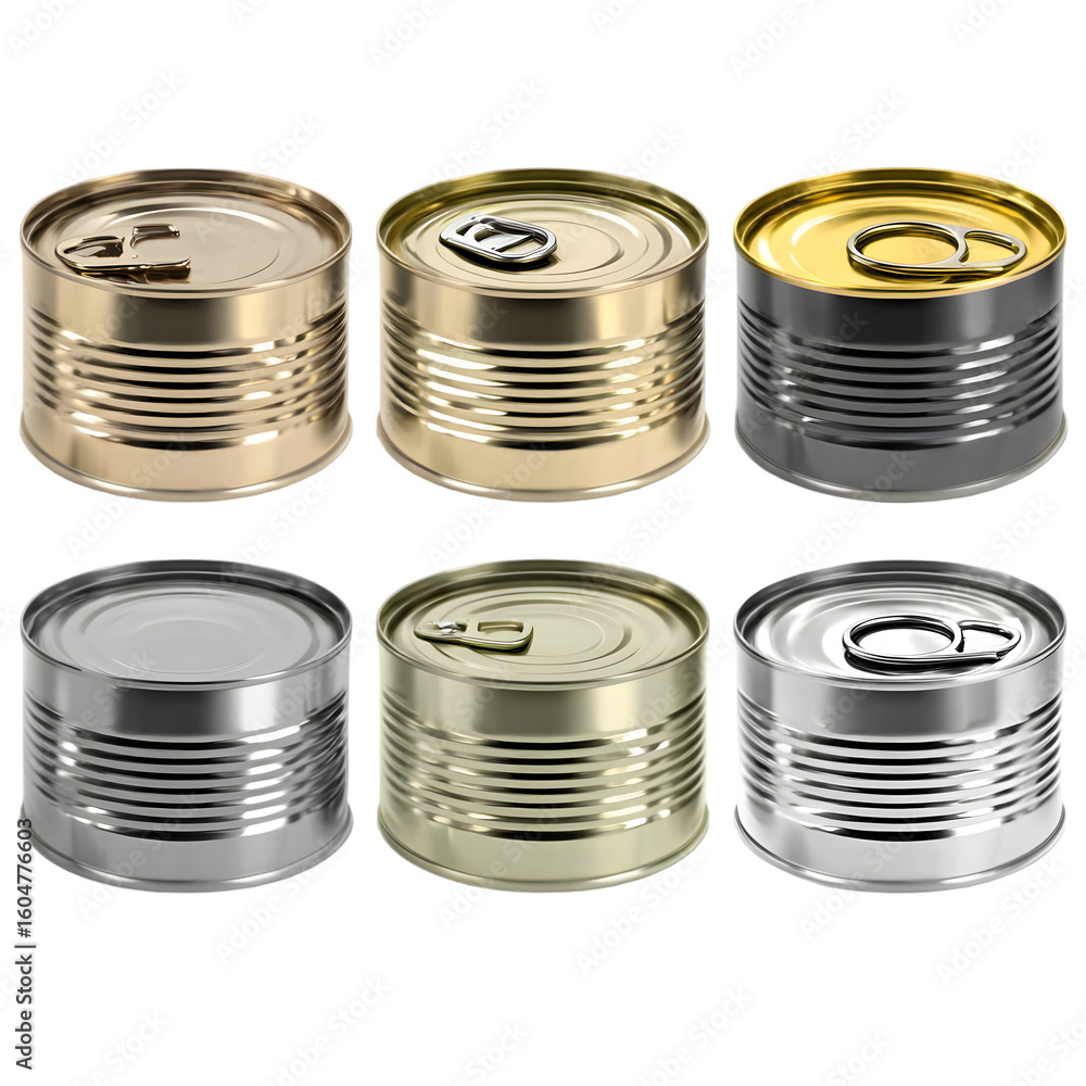 A collection of six assorted metal food cans, including silver, gold, and bronze finishes, with various lid designs, arranged on a transparent background A collection of six assorted metal food cans, including silver, gold, and bronze finishes, with various lid designs, arranged on a transparent background