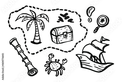 Treasure Map of Exploration: Embark on an adventure with this captivating illustration, revealing a treasure map filled with iconic symbols. A playful and artistic.