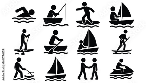 "Water Activity Stick Figures Icon Set – Boating, Surfing, Fishing Vector Symbols"

