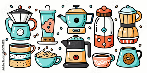 Set of vintage beer bottles, cups, and mugs, with coffee and tea icons, illustrating various hot beverages and drinks for cafe and restaurant design