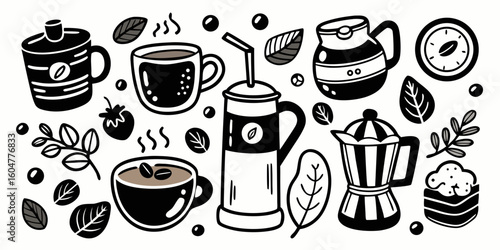 Kitchen icon set vector illustration: household appliances for cooking food and making coffee