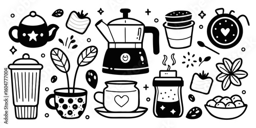Vintage vector icons for coffee and tea house kitchen designs including espresso mugs, breakfast food, and restaurant dessert illustrations