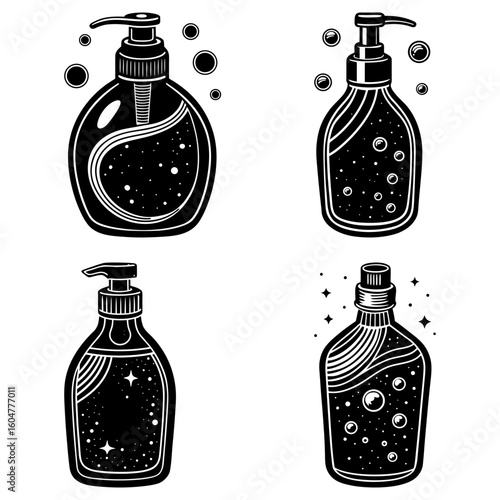 Four hand sanitizer bottles with pump dispensers and decorative elements in black and white drawing art