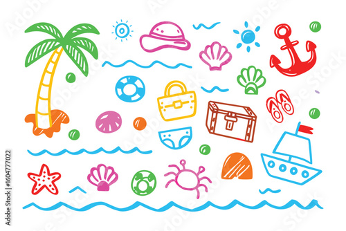 Summer Fun Doodle: A cheerful doodle illustrating summer elements like palm tree, shells, and ocean waves creating a sense of lightheartedness and relaxation