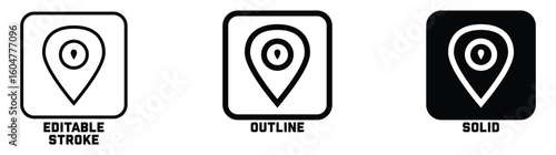 Location pin icon in editable stroke, outline, and filled styles. for navigation, maps and geolocation designs in apps, websites and user interfaces.Vector illustration.