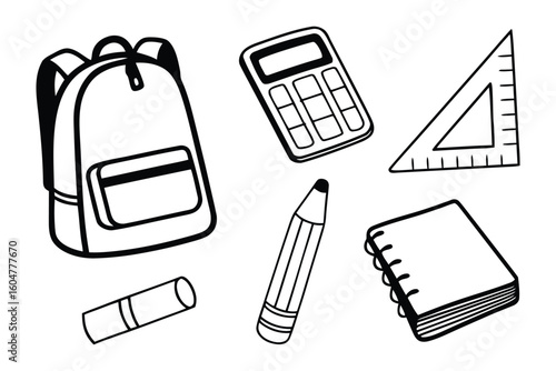 Back to School Essentials: A collection of essential school supplies laid out, ideal for educational, scholastic, and back-to-school concepts. 