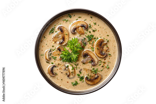 Creamy mushroom soup with parsley isolated on transparent background