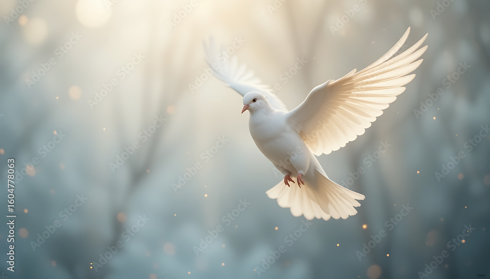 Obraz premium White Dove Flying in Soft Light Over Blurred Forest Background