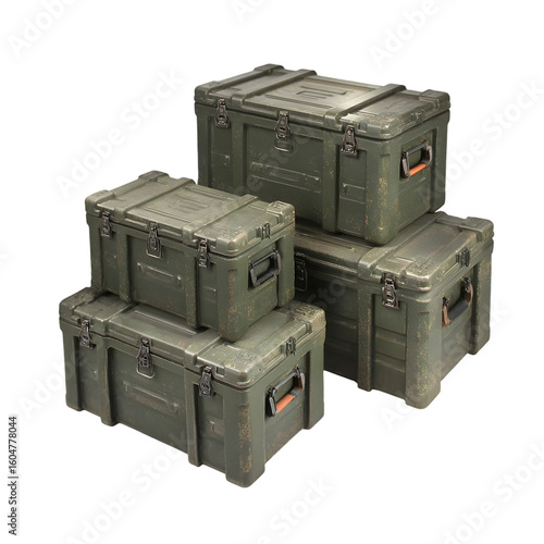 Wallpaper Mural A collection of five rugged, olivegreen militarystyle storage cases and ammo boxes, some stacked and showing signs of wear, isolated against a transparent background Torontodigital.ca