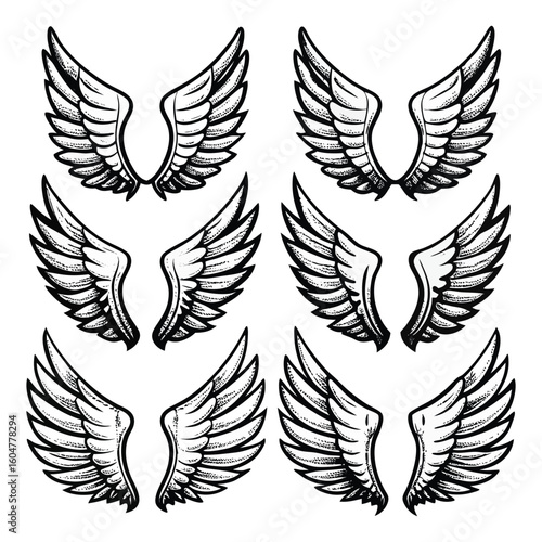 Angel Wings Clipart Set – Black and White Feather Wing Illustrations	