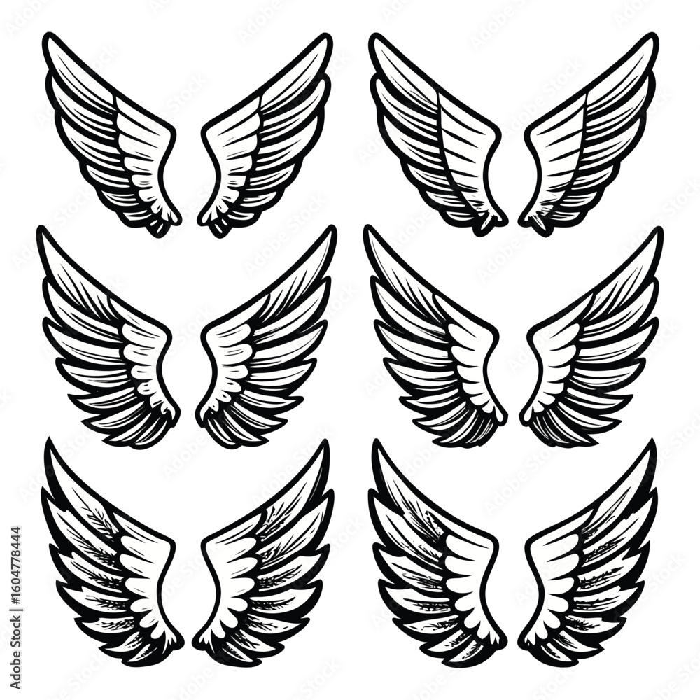 Obraz premium Angel Wings Clipart Set – Black and White Feather Wing Illustrations 