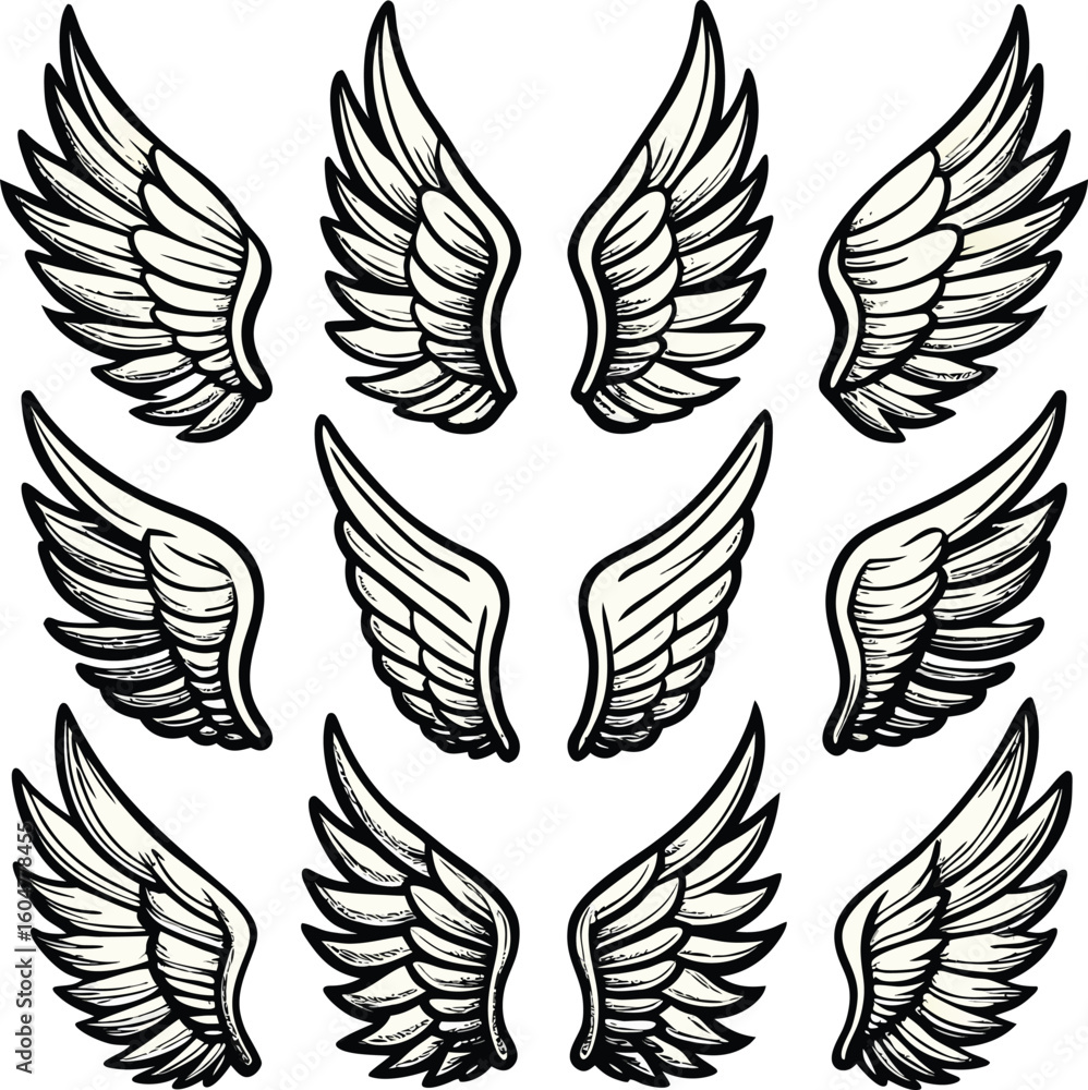 Fototapeta premium Angel Wings Clipart Set – Black and White Feather Wing Illustrations 