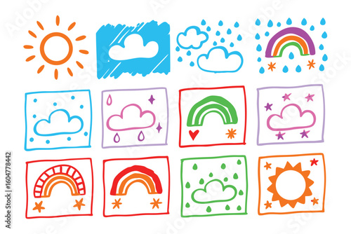 Weather Icons: A charming array of hand-drawn weather icons, capturing the essence of sunshine, clouds, rain, and rainbows in a vibrant and playful style.