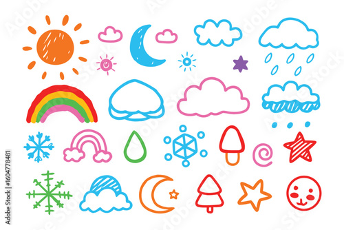 Colorful Weather Icons: A collection of vibrant, hand-drawn weather-related icons including sun, clouds, rain, snow and moon. capturing the simple joy of weather.