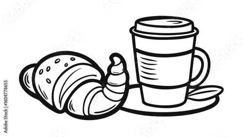 A delightful vector illustration set showcases hot coffee and tea beverages, fruit juice, and delicious breakfast food and dessert icons in a playful cartoon design