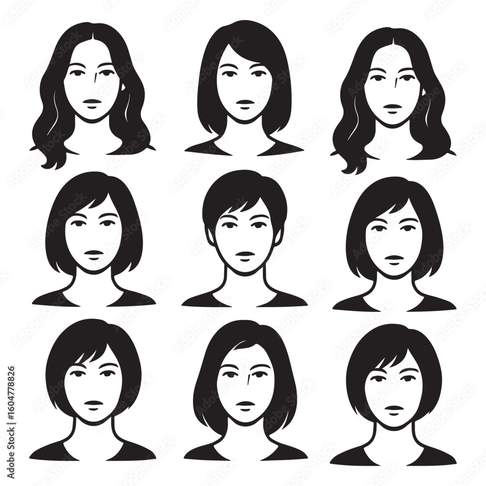 Beautiful woman face hairstyle and fashion avatarvector silhouette set Beautiful woman face hairstyle and fashion avatarvector silhouette set