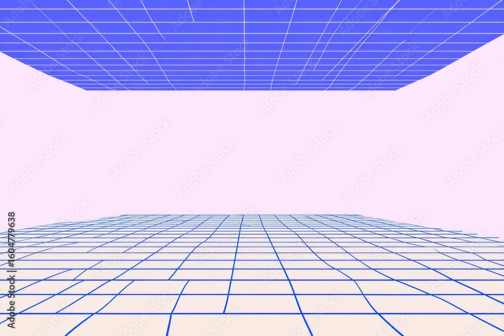 Obraz premium Abstract geometric landscape with grid patterns on floor and ceiling in pastel colors ideal for modern backgrounds, digital art, and creative projects