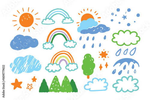 Whimsical Weather Wonderland: Hand-drawn weather elements featuring a vibrant collection of whimsical illustrations, showcasing sun, rainbow, clouds, and raindrops.
