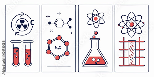 Vector science design with atomic symbols and molecule illustrations, a technology pattern for chemistry set icons