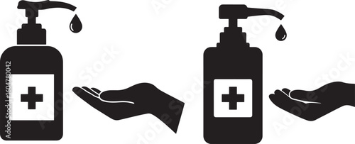 Hand sanitizer bottle dispensing liquid onto open hand silhouette
