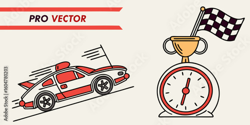 Here's a concise description for the image:

A cartoon car icon illustrates a red taxi vehicle, symbolizing transportation service with a no parking sign on the road