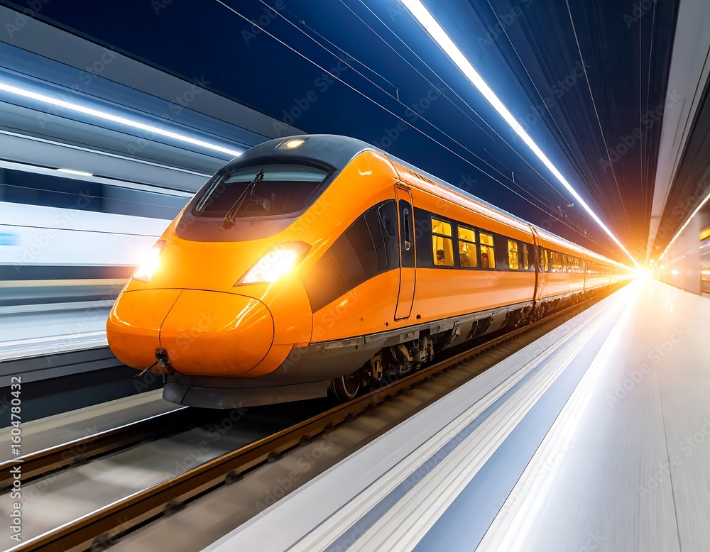 Fototapeta premium High-speed orange train in a modern tunnel
