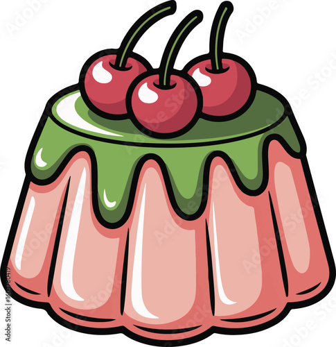Cute Panna Cotta Dessert Vector Icon with Red Cherries and Green Matcha Glaze – Sweet Jelly Cartoon Illustration.png