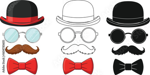 Vintage style bowler hats glasses mustaches and bow ties vector illustration