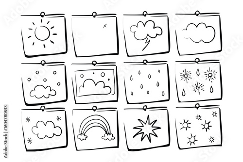 Weather Icon Set: A collection of hand-drawn weather icons on square note pads. Each icon captures the essence of weather condition.
