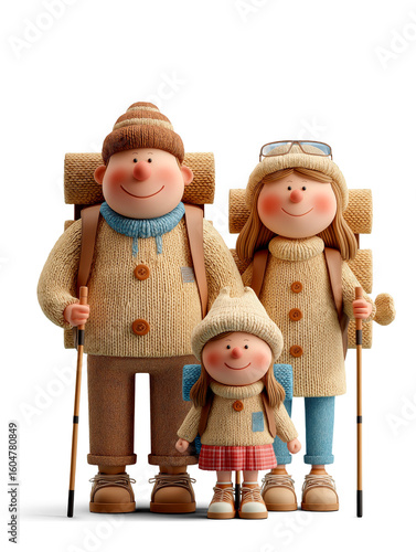 Happy 3D Cartoon Family in Winter Hiking Outfits with Backpacks