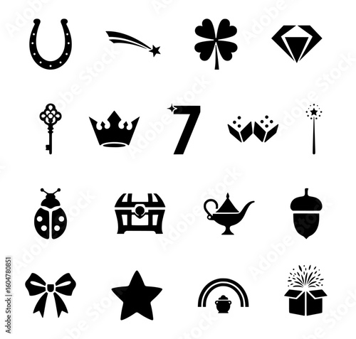 Minimalist line icon set collection themed around luck and fortune, perfect for mobile apps, games or vector editorial projects focusing on superstition, positive energy, hope and good vibes