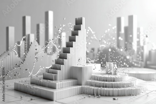 Abstract monochrome cityscape with intricate geometric shapes, bars, and dots representing financial growth and data visualization in a futuristic setting