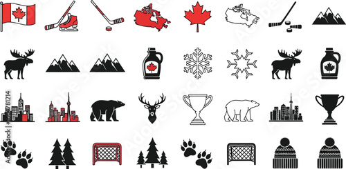 Canada icons vector set, canadian symbols, flag, maple leaf, hockey and wildlife
