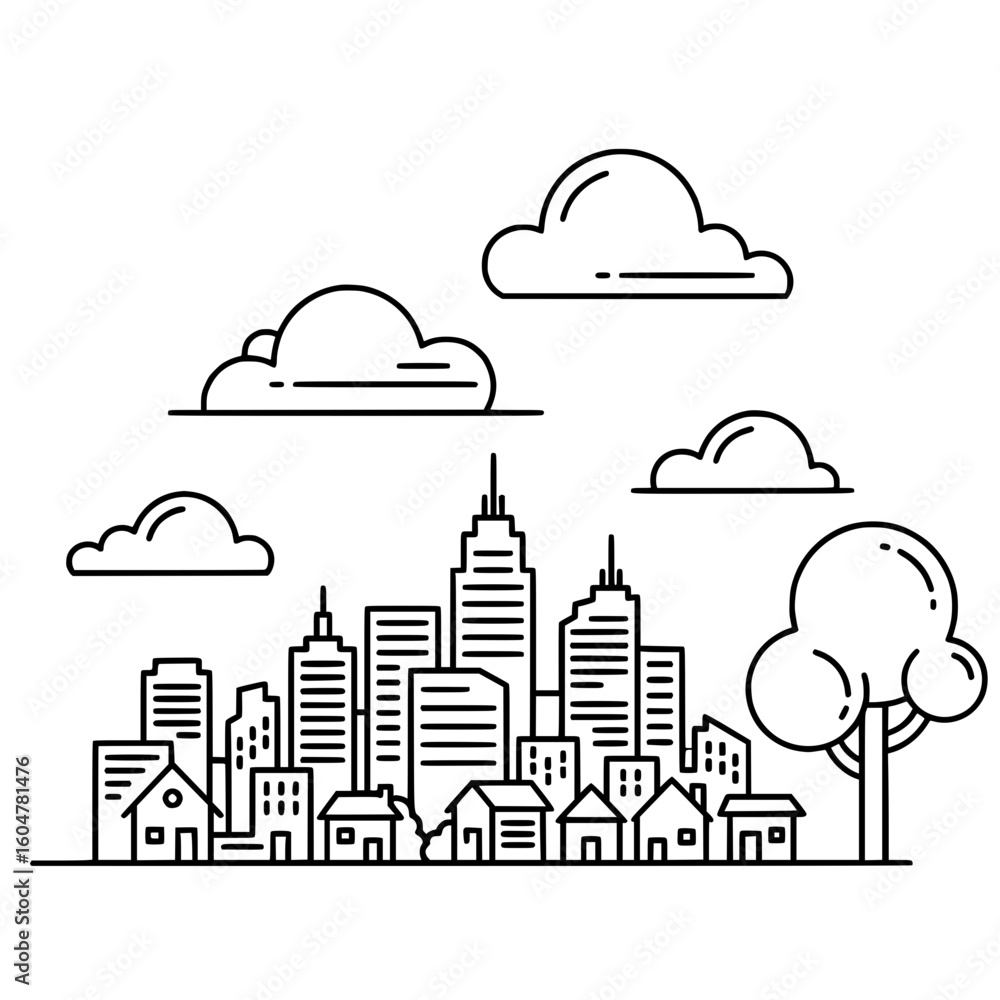 Obraz premium City skyline landscape with clouds and trees outline urban scene